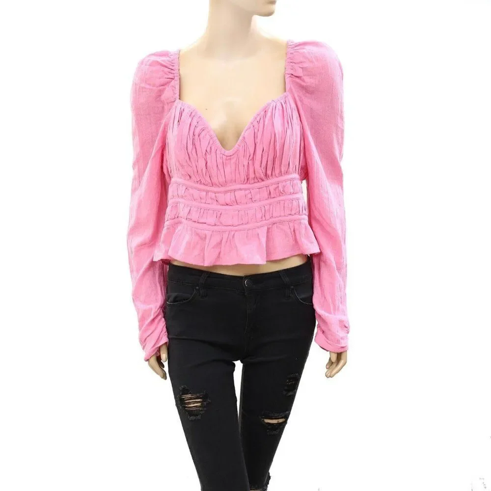 Free People Chloe Cropped Top Blouse Ruffle Puffed Sleeves Smocked S New